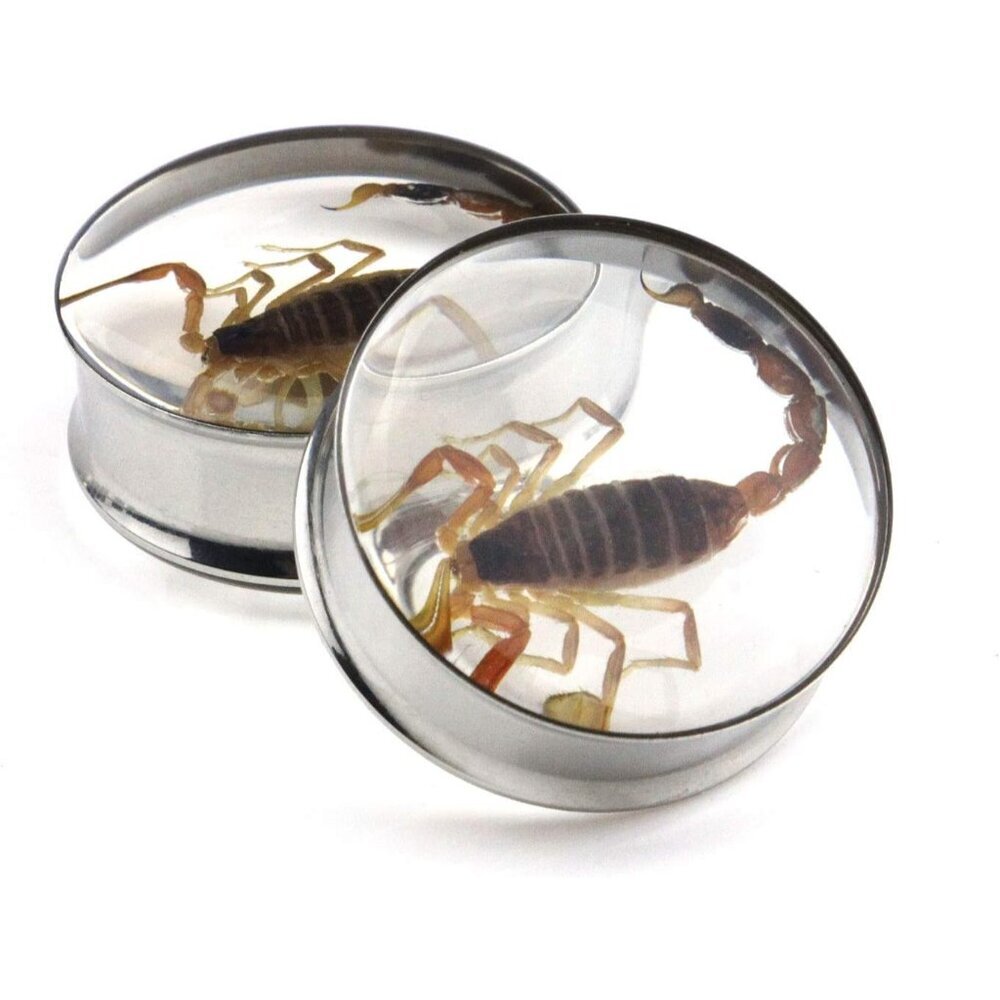 Stylish 1" Double Flare Ear Gauges in Stainless Steel with Scorpion Overlay - Picture 2 of 5